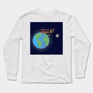 Red Biplane in Outer Space Long Sleeve T-Shirt